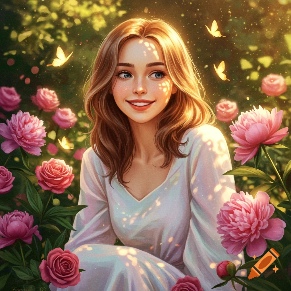A beautiful smiling woman with long brown hair sits among pink roses and peonies in a sunny, ethereal garden with golden butterflies, digital art.