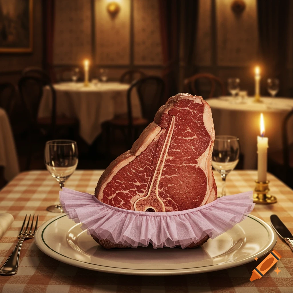 A raw T-bone steak wearing a pink frilly skirt sits on a white plate on a checkered tablecloth in a dimly lit, elegant restaurant setting with candles.