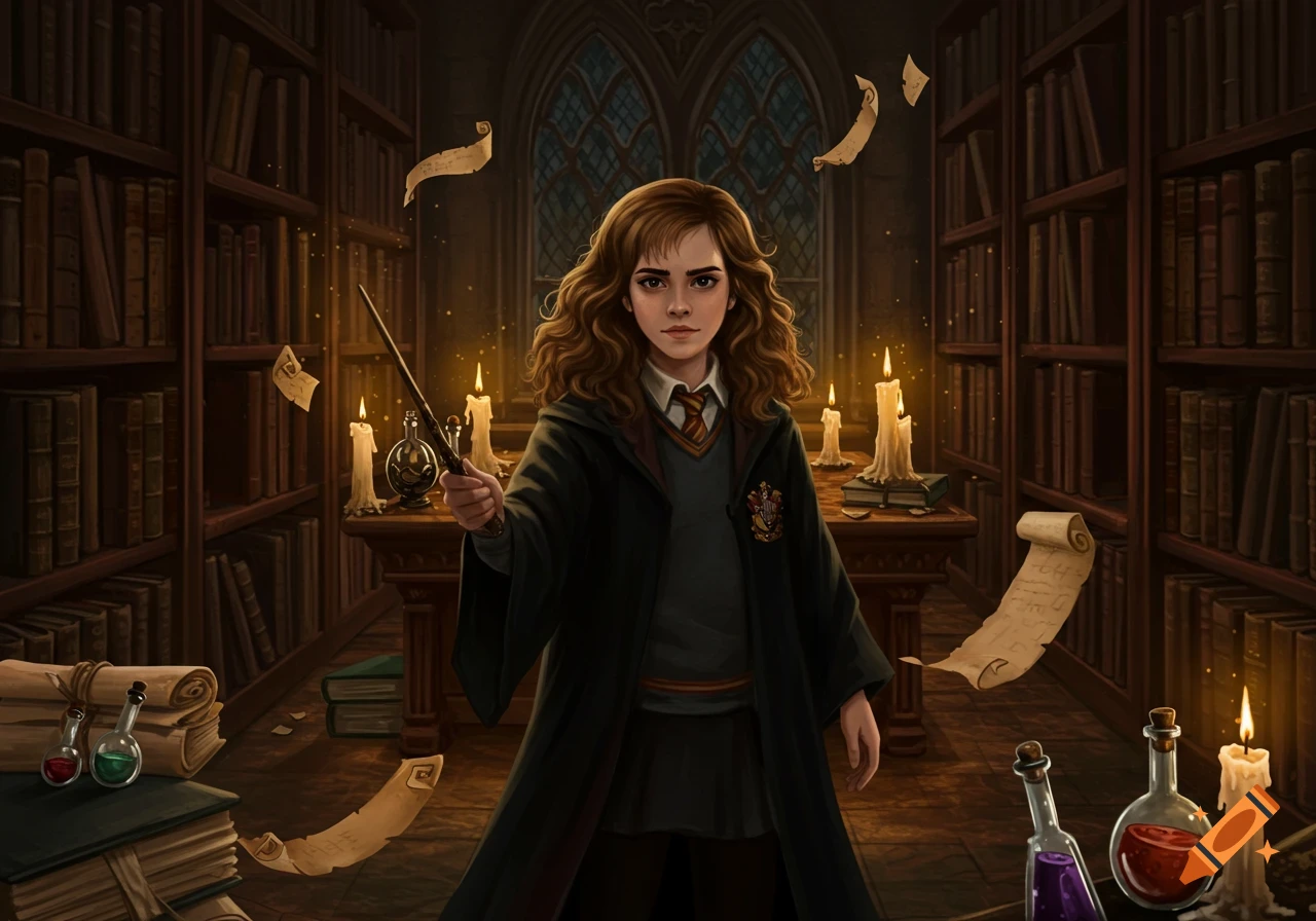 A young witch with curly brown hair, wearing a Hogwarts robe, stands in a candlelit library holding a wand.