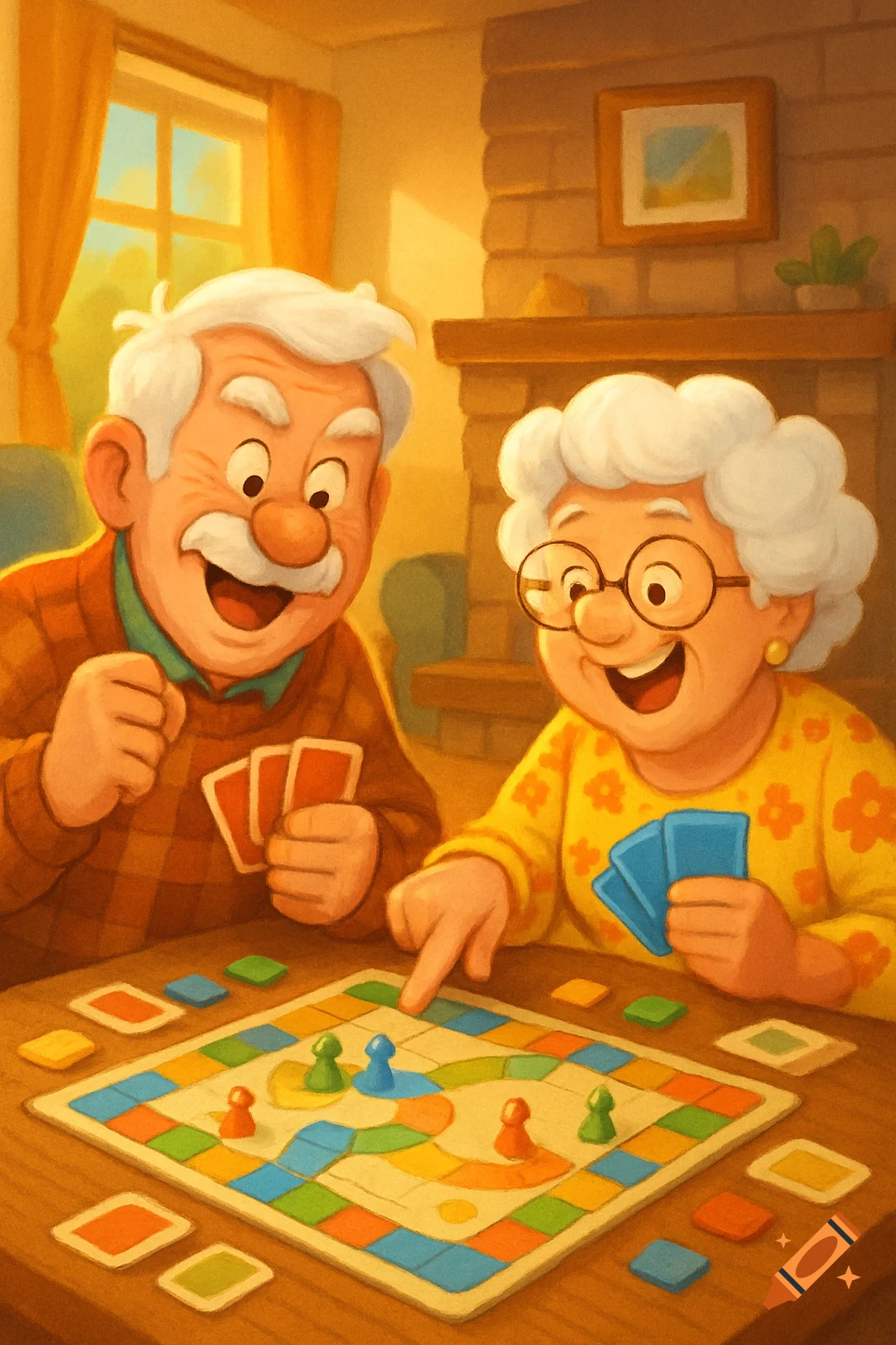Cartoon of a cheerful elderly man and woman playing a colorful board game with cards at a wooden table.