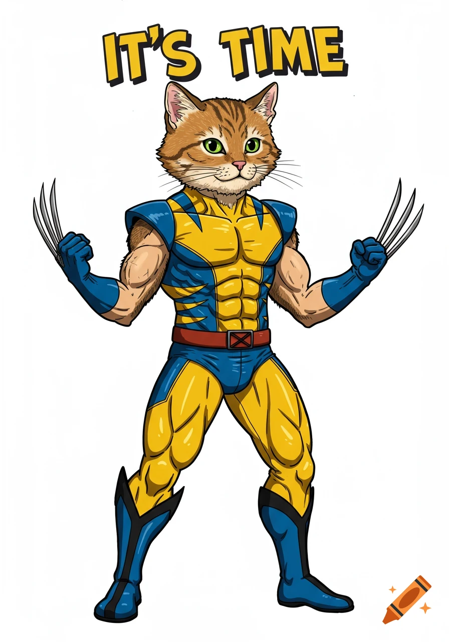 Cartoon cat-headed Wolverine in a yellow and blue suit with claws and 'IT'S TIME' text.