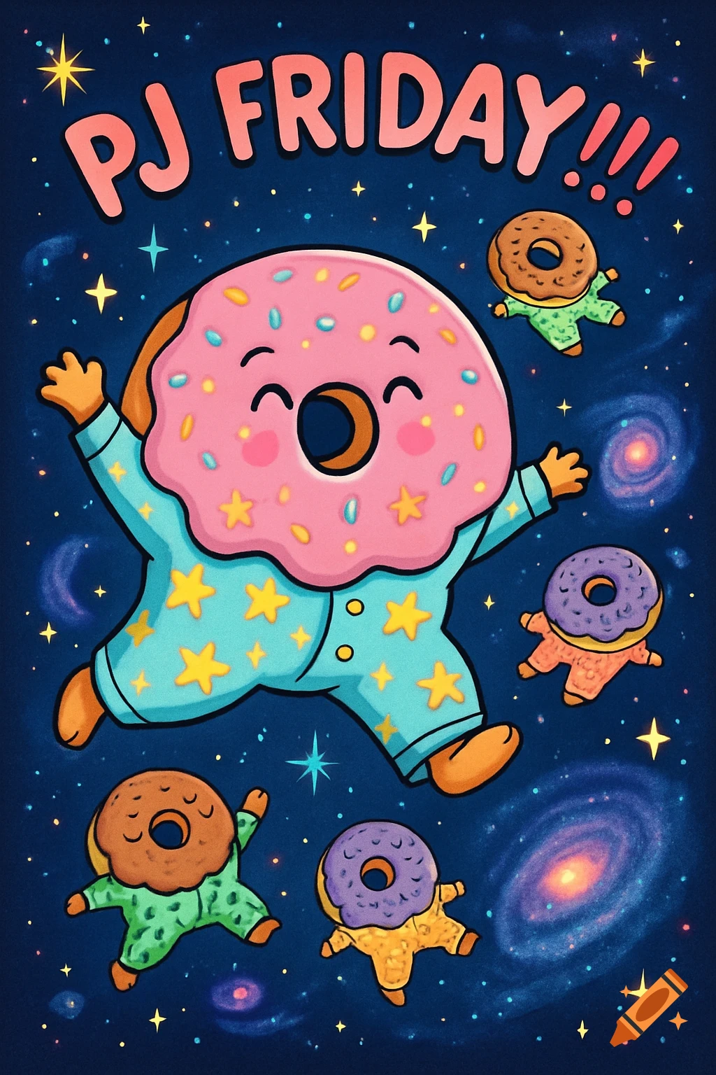 A cheerful pink donut in star-patterned blue pajamas floats in starry space with smaller donut friends and the text 'PJ FRIDAY!!!'.