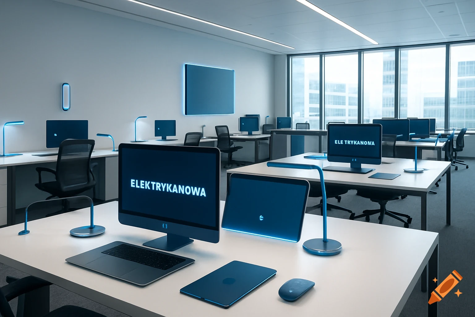 A sleek, modern office workspace with multiple desks, monitors displaying "ELEKTRYKANOWA", laptops, tablets, and blue-accented desk lamps.