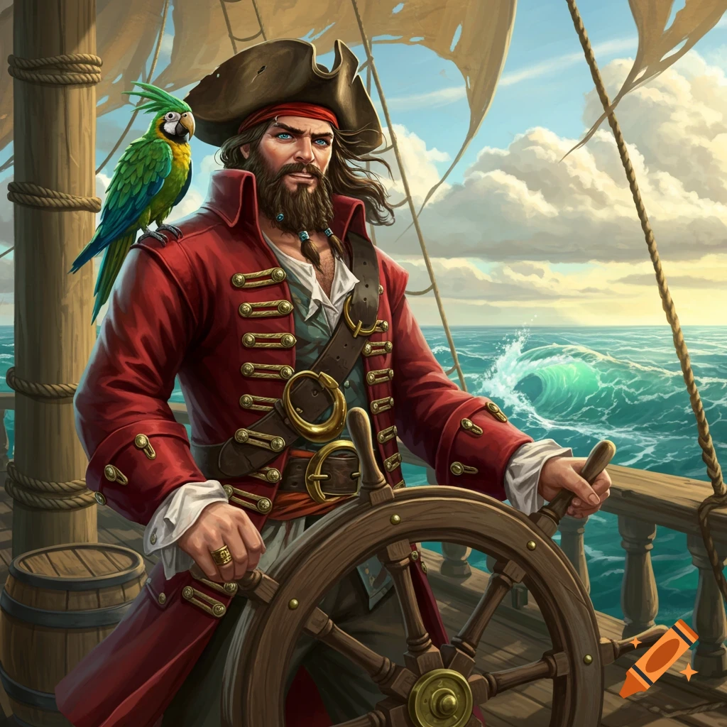 A detailed illustration of a bearded pirate with a parrot on his shoulder, steering a ship at sea under a cloudy sky.