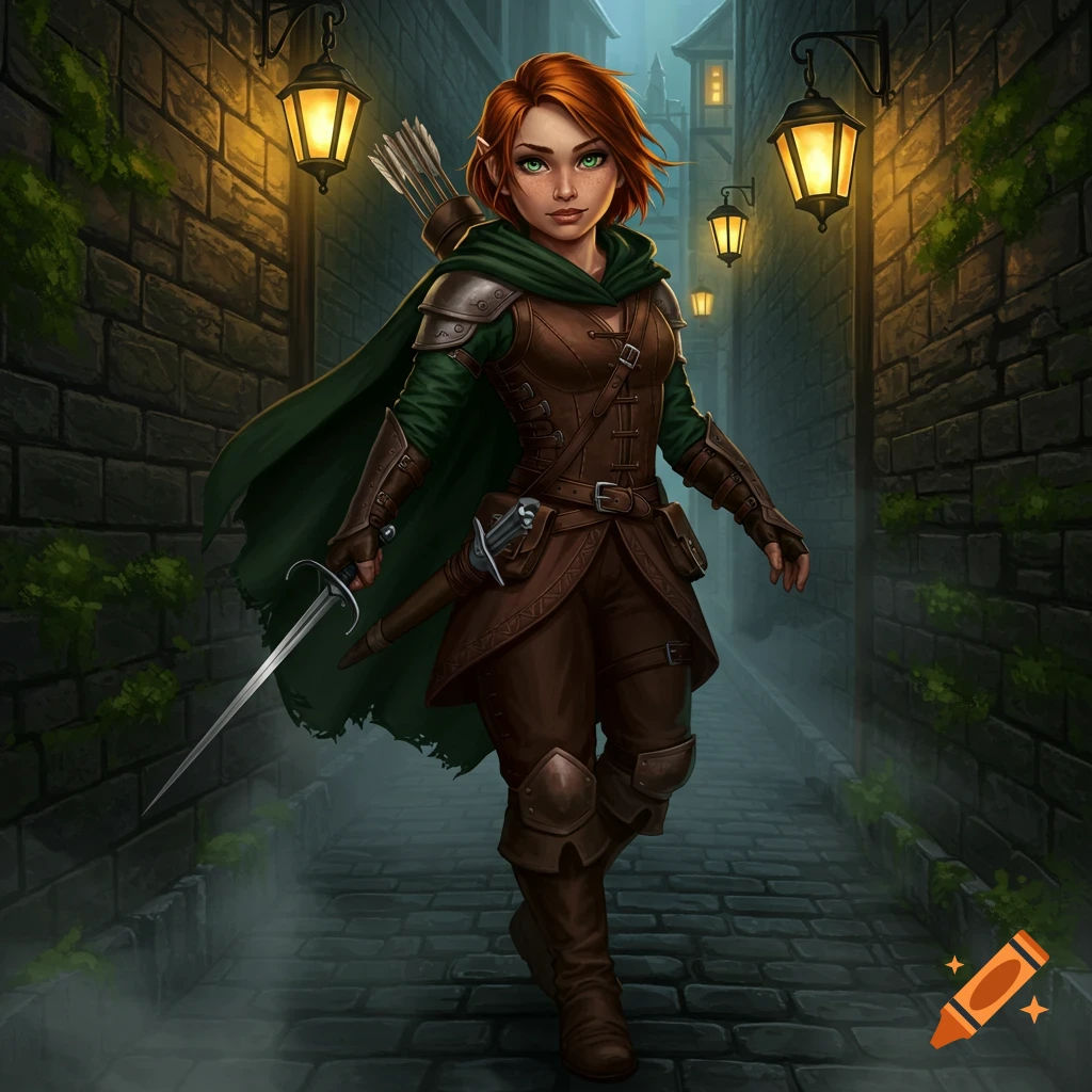 A red-haired female fantasy adventurer with a rapier walks down a misty, lantern-lit cobblestone alley.