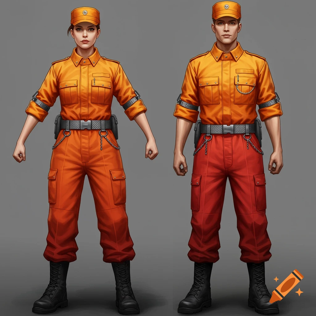 Stylized character art of a female and male officer in orange and red gradient uniforms, black boots, and hats, against a gray background.