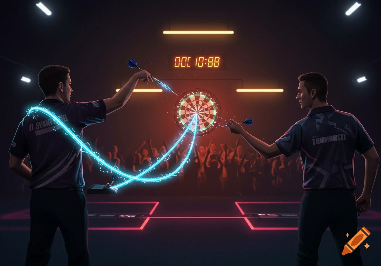 Two men in sports shirts play darts in a dark arena with a glowing dartboard and bright neon lines tracking the darts, a digital scoreboard above a cheering crowd.