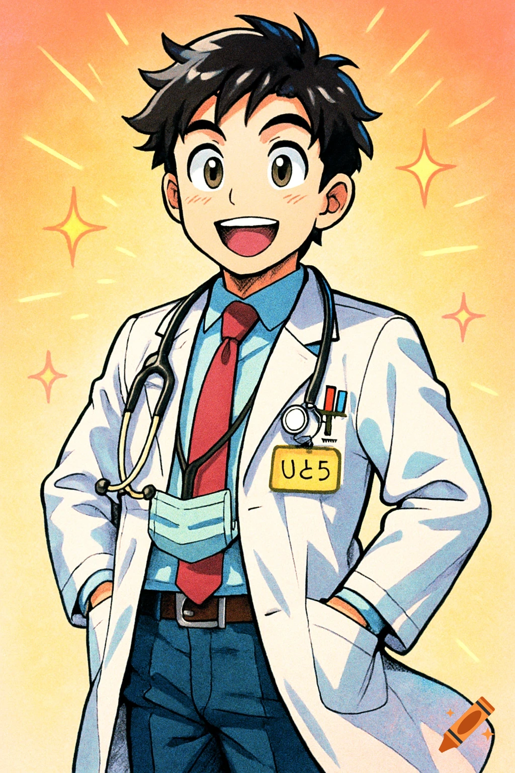 A smiling manga-style male doctor with dark hair, wearing a white lab coat, red tie, stethoscope, and a face mask hanging from his neck, stands with sparkling stars in the background.