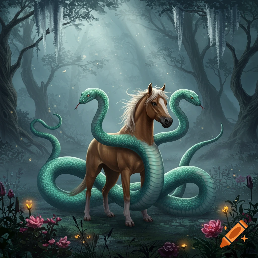 A brown horse is entwined by two large green snakes in a mystical, foggy forest with glowing pink and yellow flowers.