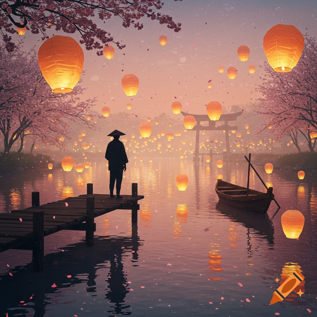 A person on a jetty by a serene river with glowing lanterns, cherry blossoms, a boat, and a torii gate at twilight.