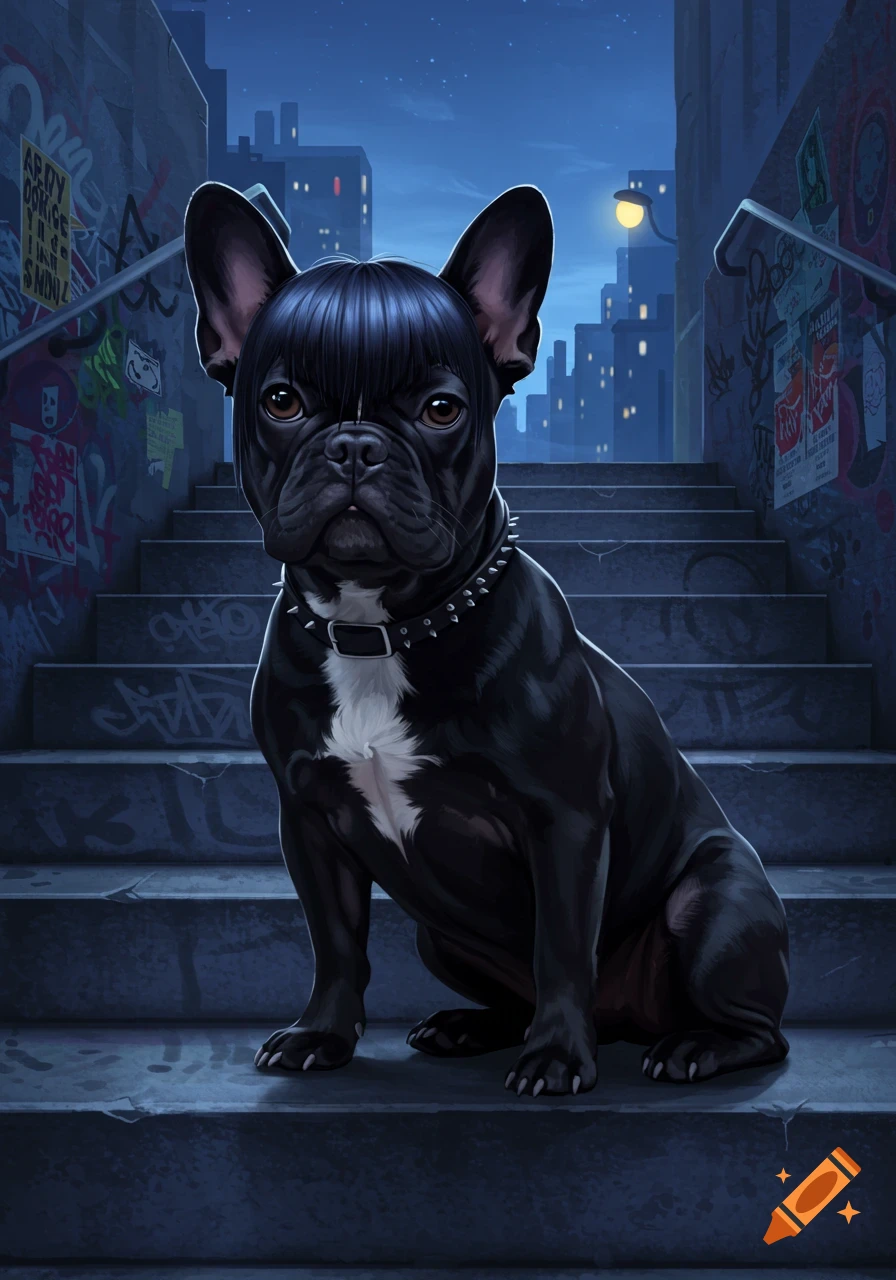 An emo black French bulldog with a fringe haircut and spiked collar sits on graffiti-covered stairs in a dark urban alley at night, digital art.