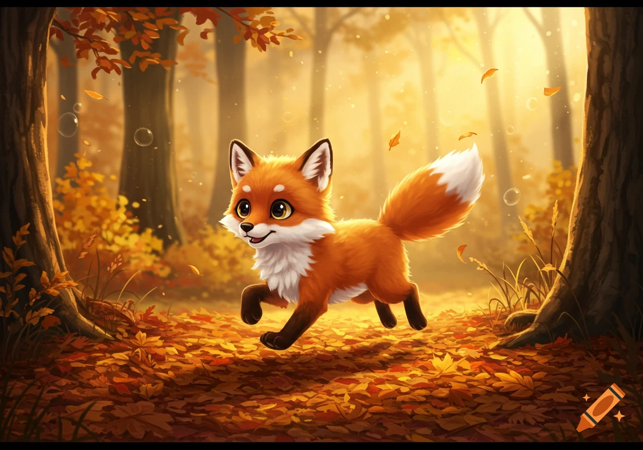 A cute, orange and white fox runs through a sunlit autumn forest filled with golden leaves.