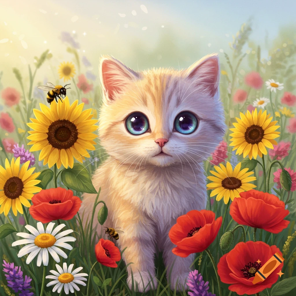 A fluffy, light orange kitten with large blue eyes sits in a vibrant field of red poppies, yellow sunflowers, and white daisies, with bees flying around.