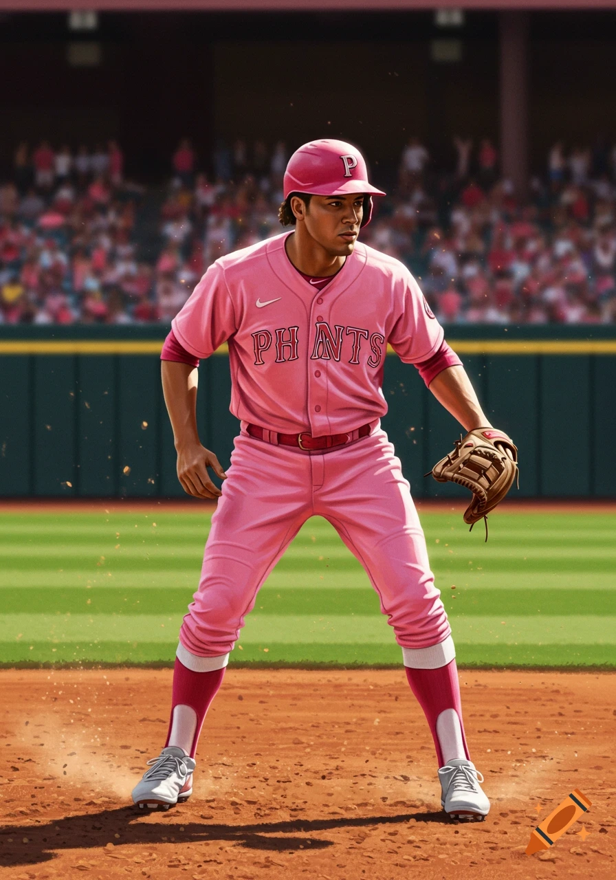 A baseball player in a pink uniform and helmet stands on a dirt infield, holding a glove, with a stadium in the background.