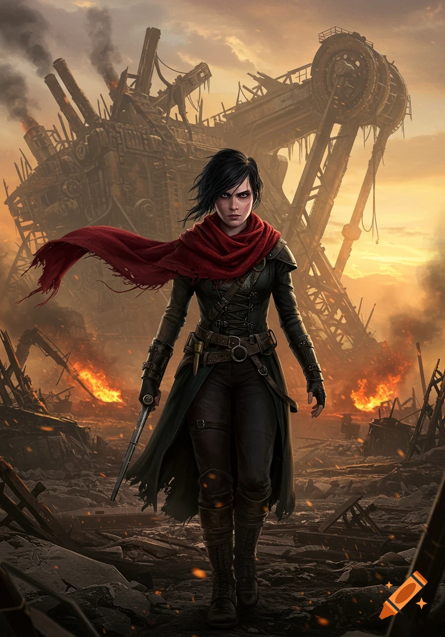 A female warrior with a red scarf stands in a post-apocalyptic industrial wasteland with ruined machinery and fires, digital painting.