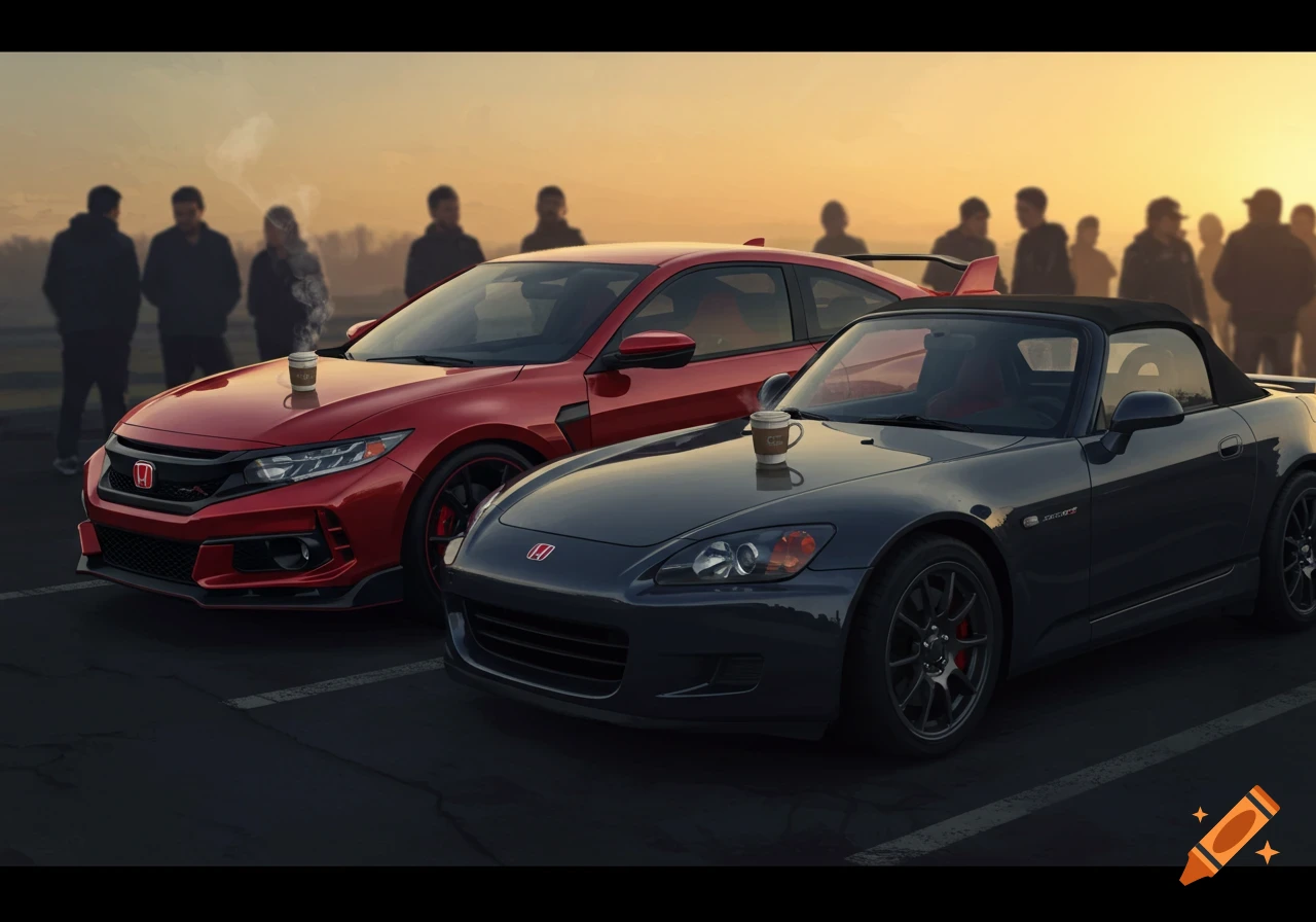 Two cars, a red Honda Civic Type R and a gray Honda S2000, parked outdoors with steaming coffee cups on their hoods, while people gather in the background at sunset. Photorealistic style.