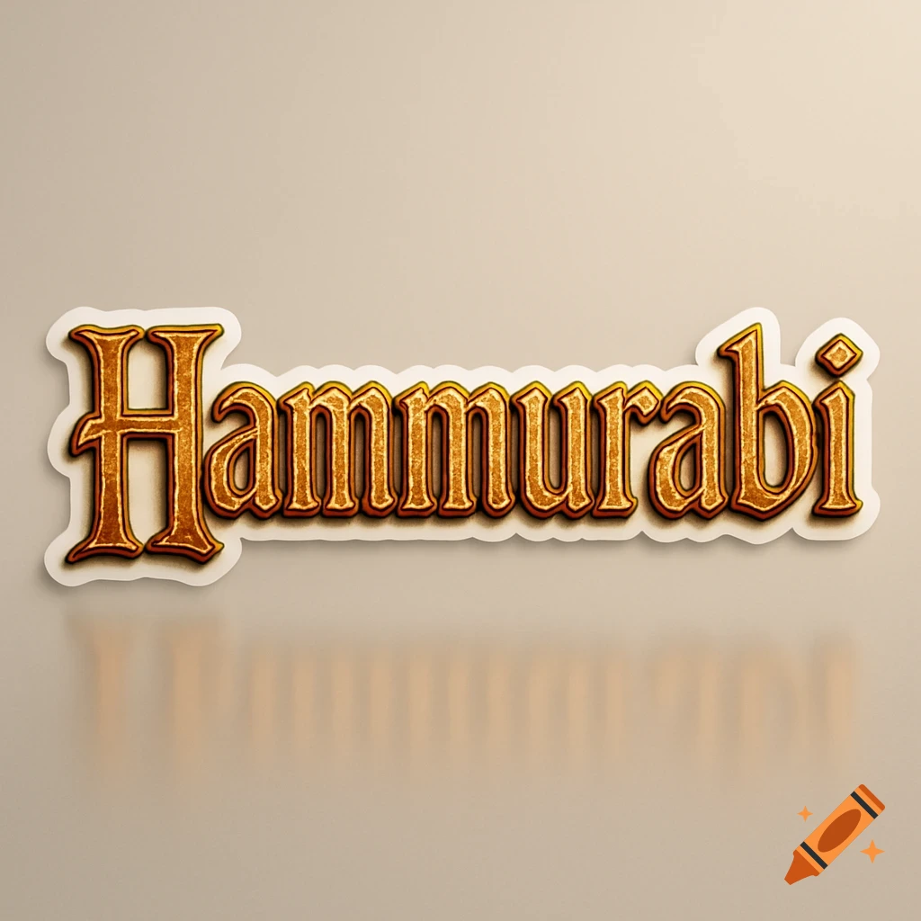The word Hammurabi as a golden embossed sticker in an ornate font on a light brown background.