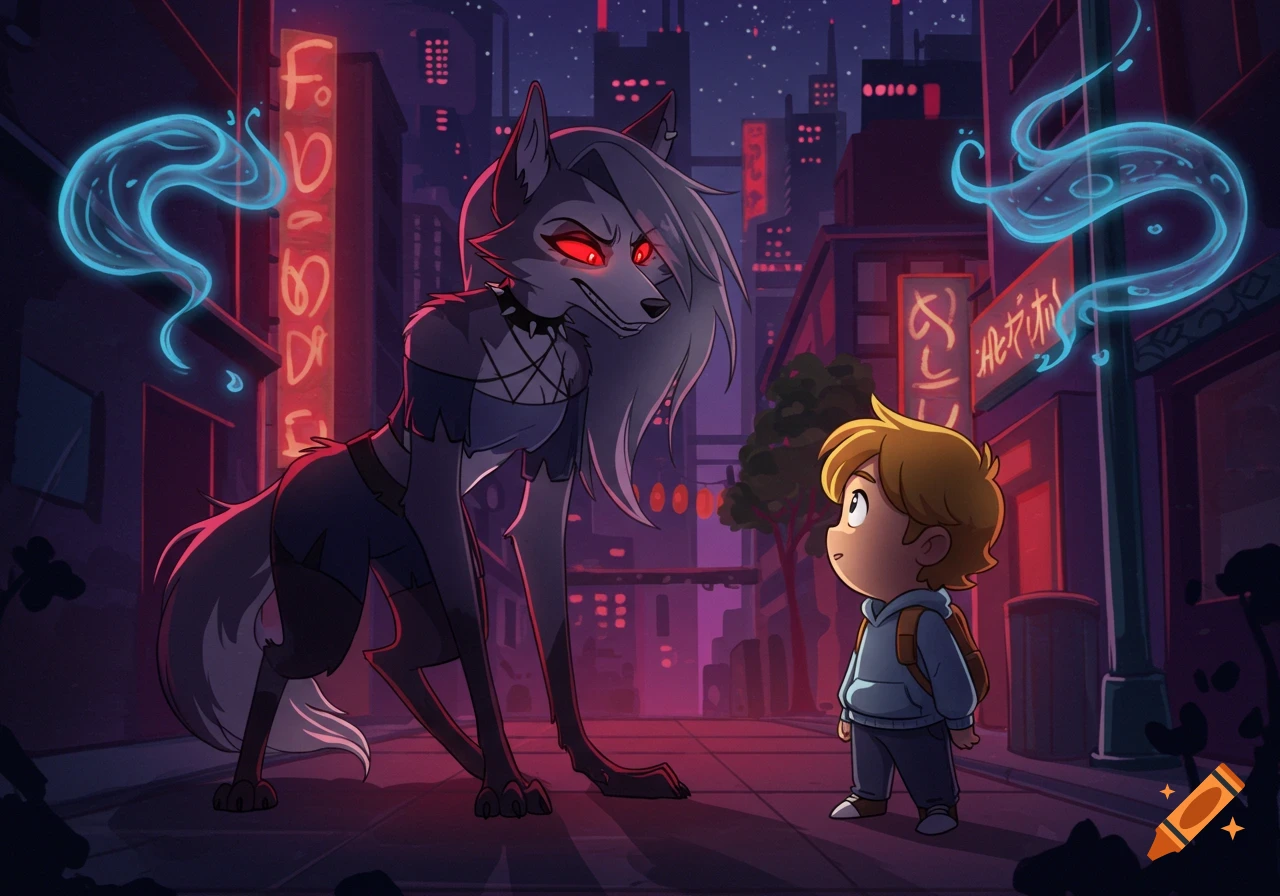 Cartoon Loona the hellhound with red eyes looms over a small boy on a neon-lit city street at night.