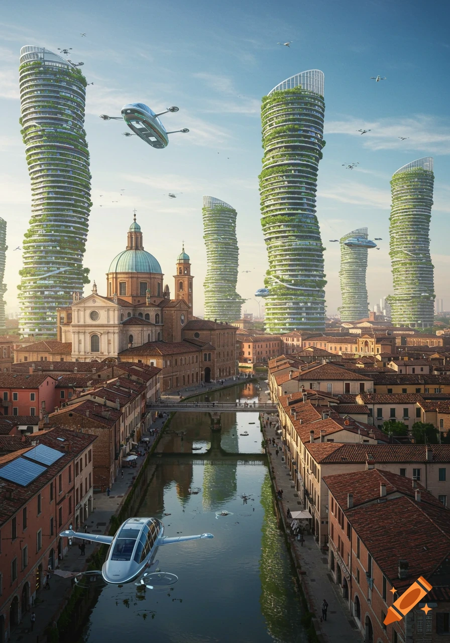 Photorealistic view of a futuristic city featuring plant-covered skyscrapers and flying vehicles alongside a classic church and canal.