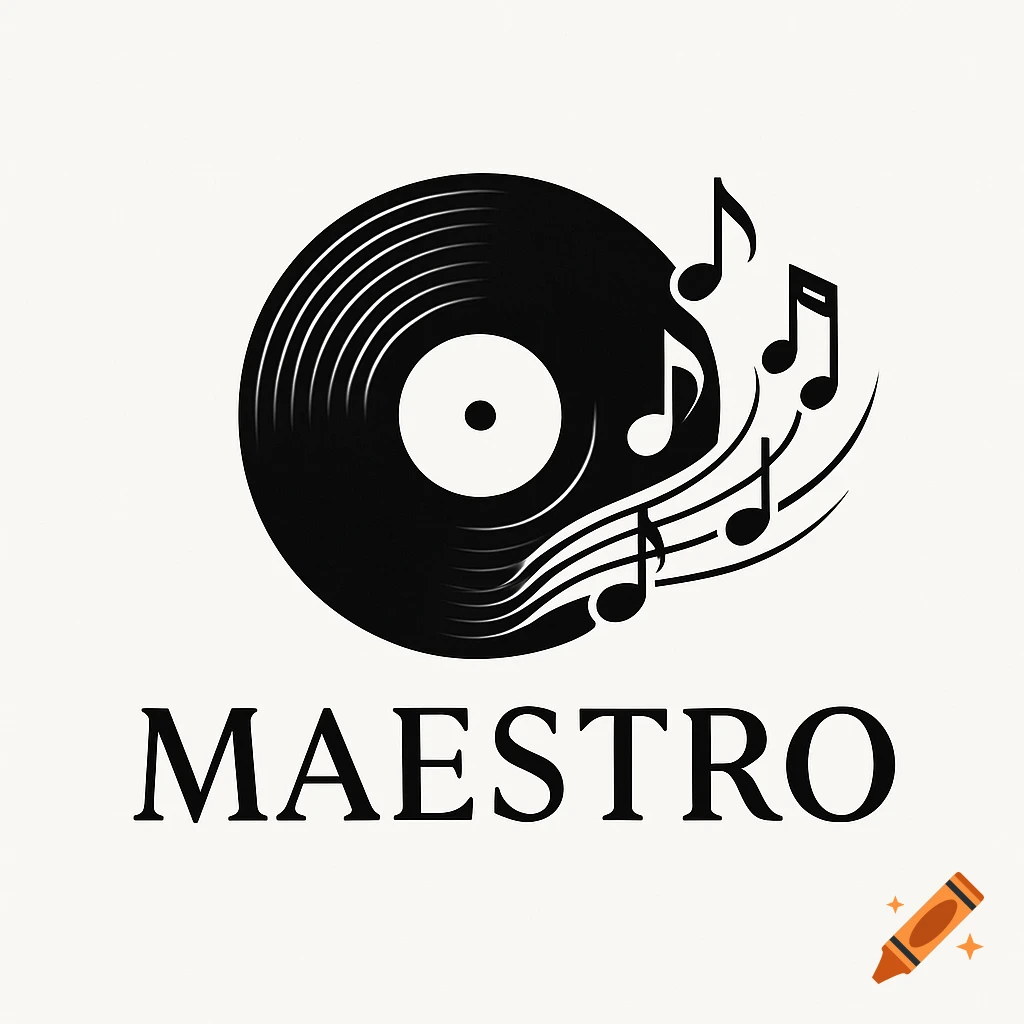 A black and white logo featuring a vinyl record with musical notes flowing out of it, above the word MAESTRO.