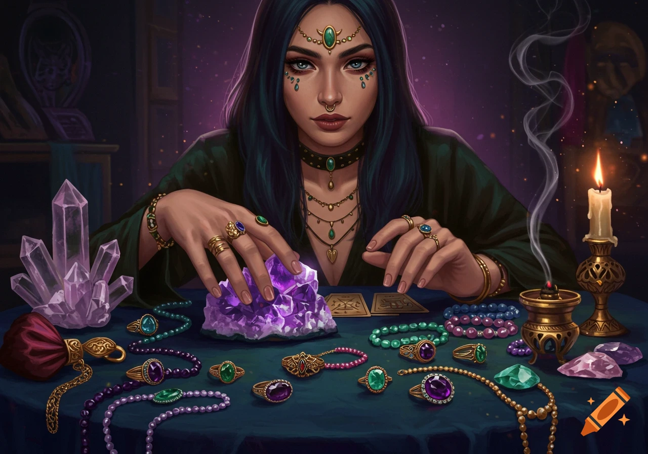 A dark-haired tarot reader with green eyes and facial gems sits at a table adorned with crystals and mystical jewelry.