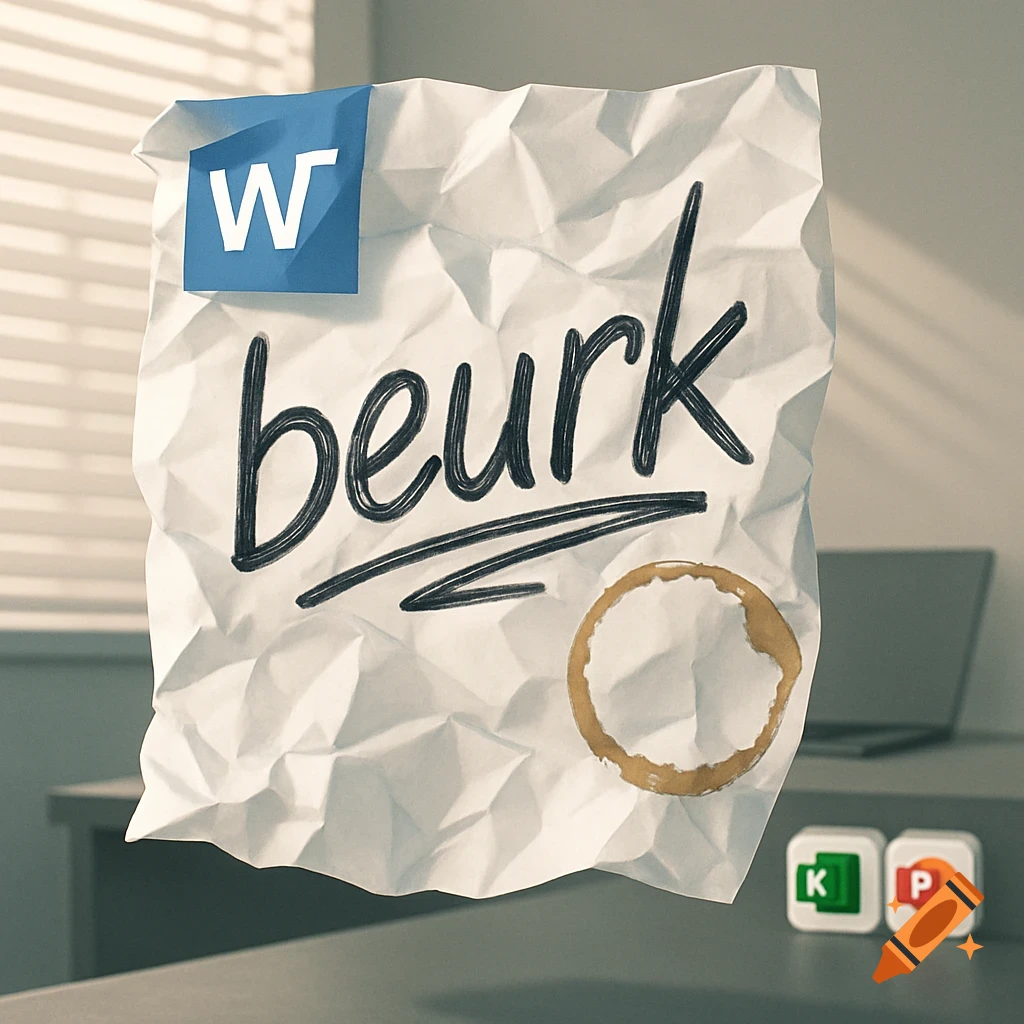 A crumpled white paper with 'beurk' written in black script, a coffee stain, and a blue Microsoft Word 'W' logo. K and P logos are in the background, set in an office.