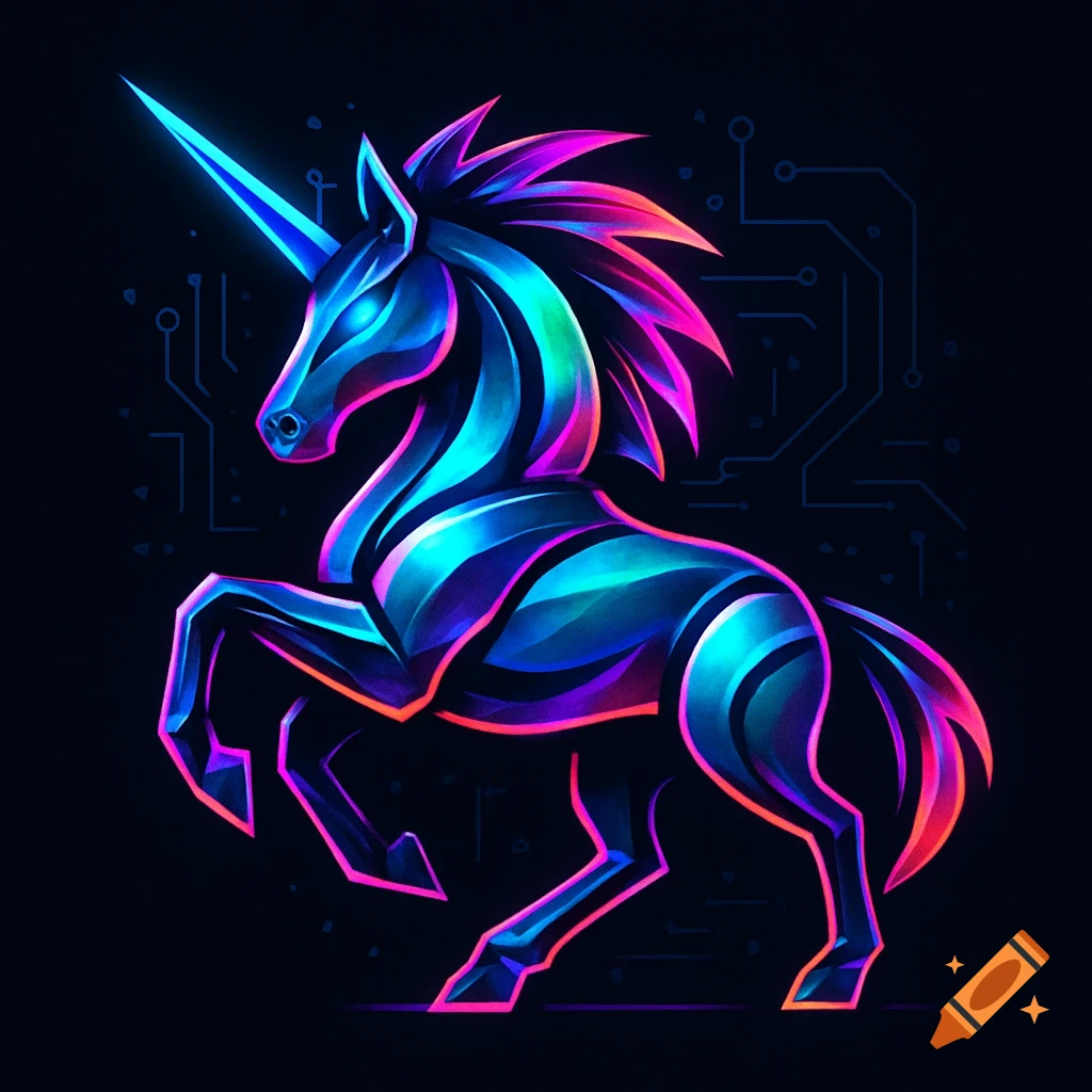 A neon rainbow cyber unicorn with circuit board patterns on a dark background, digitally illustrated.