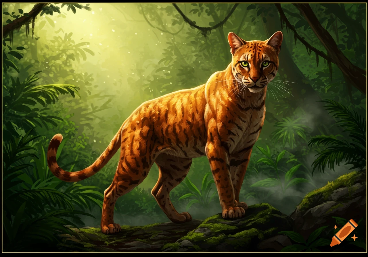 A muscular, orange-striped wild cat with bright green eyes stands on a mossy log in a vibrant, sunlit jungle.