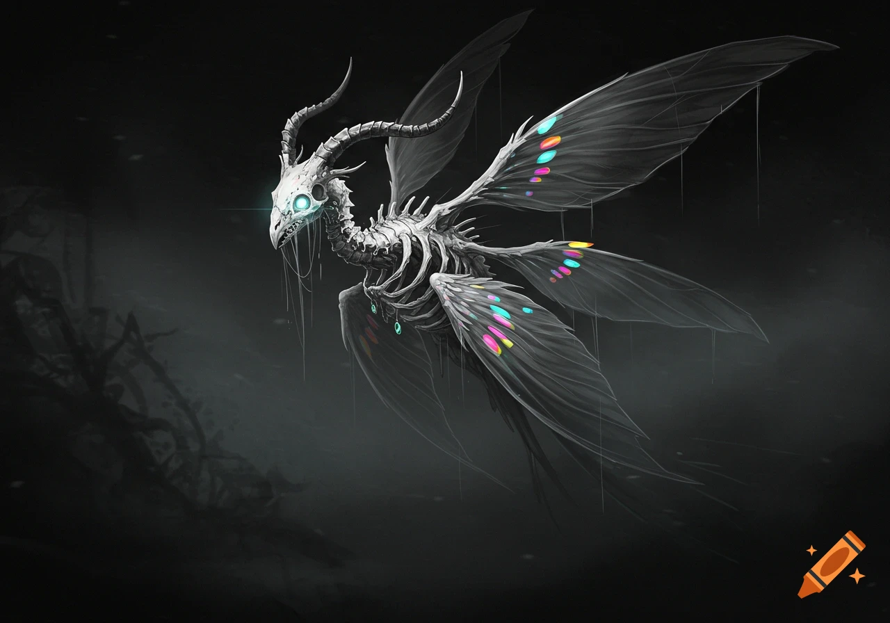 A skeletal bird creature with horns, a glowing blue eye, and multiple translucent wings with iridescent colorful patches, flying against a dark, misty background.