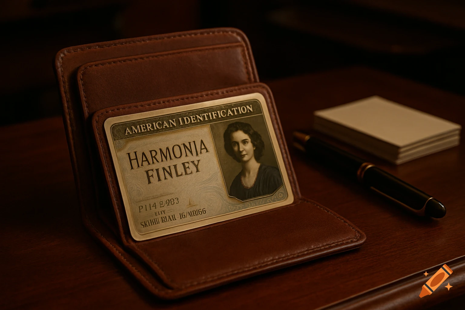 An old-fashioned American Identification card for Harmonia Finley in a brown leather wallet on a wooden desk with a pen and notepad.