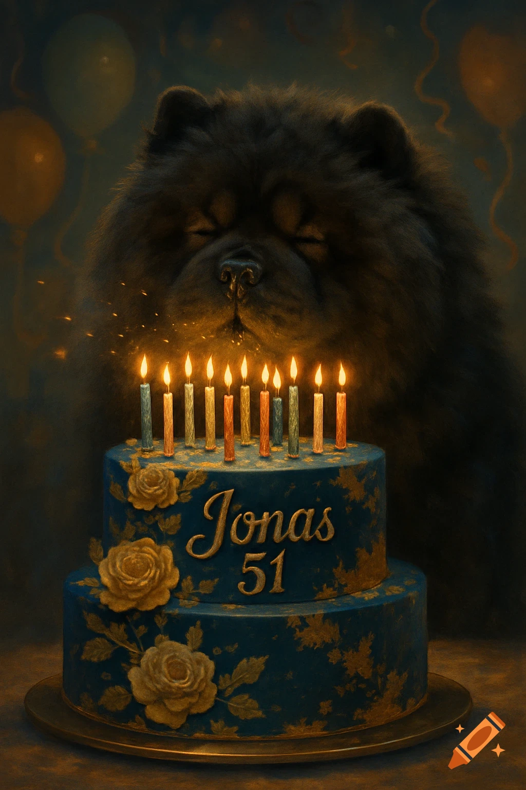 A fluffy black Chow Chow dog with closed eyes blows out candles on a blue and gold birthday cake that says 'Jonas 51'.