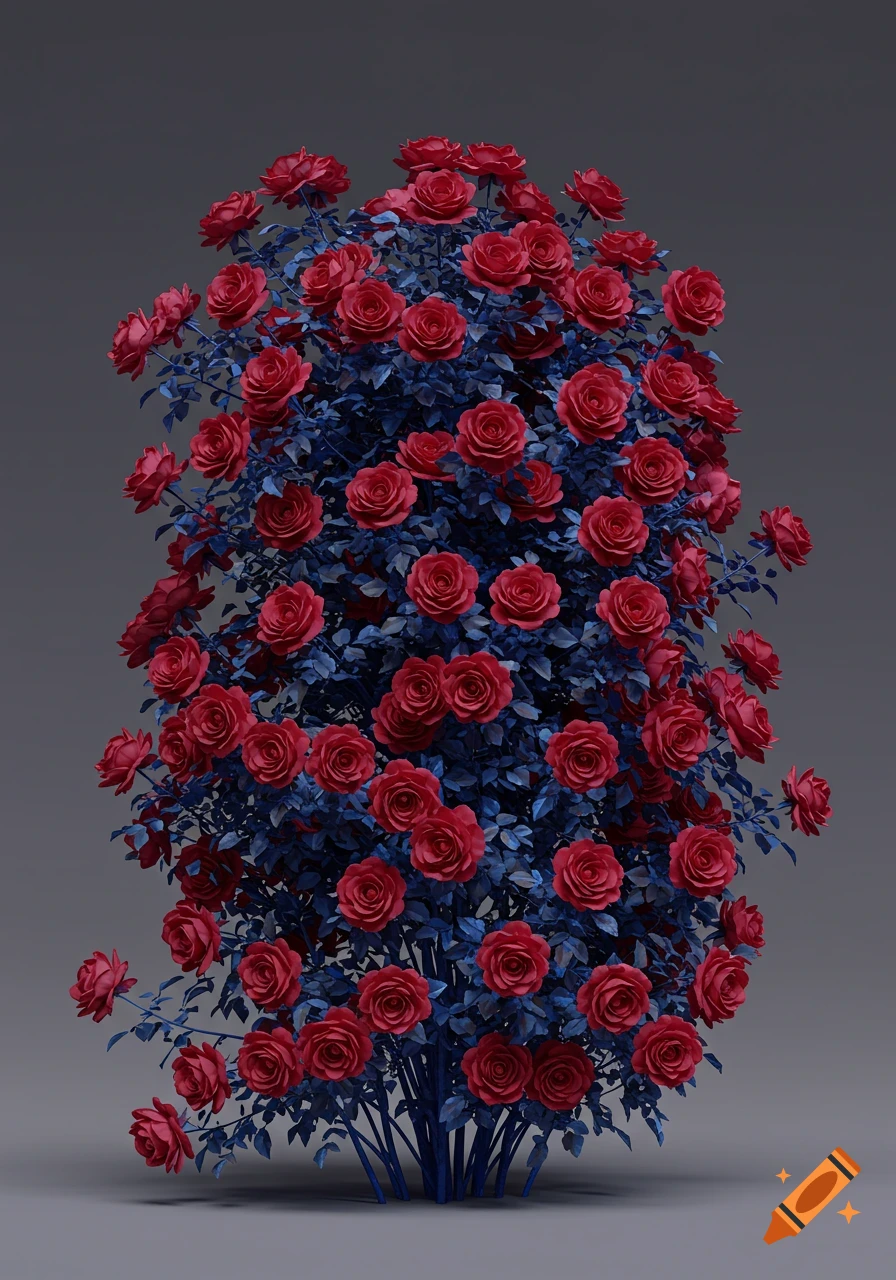 A large rose bush with numerous red blossoms and dark blue leaves, set against a muted grayish-purple background.