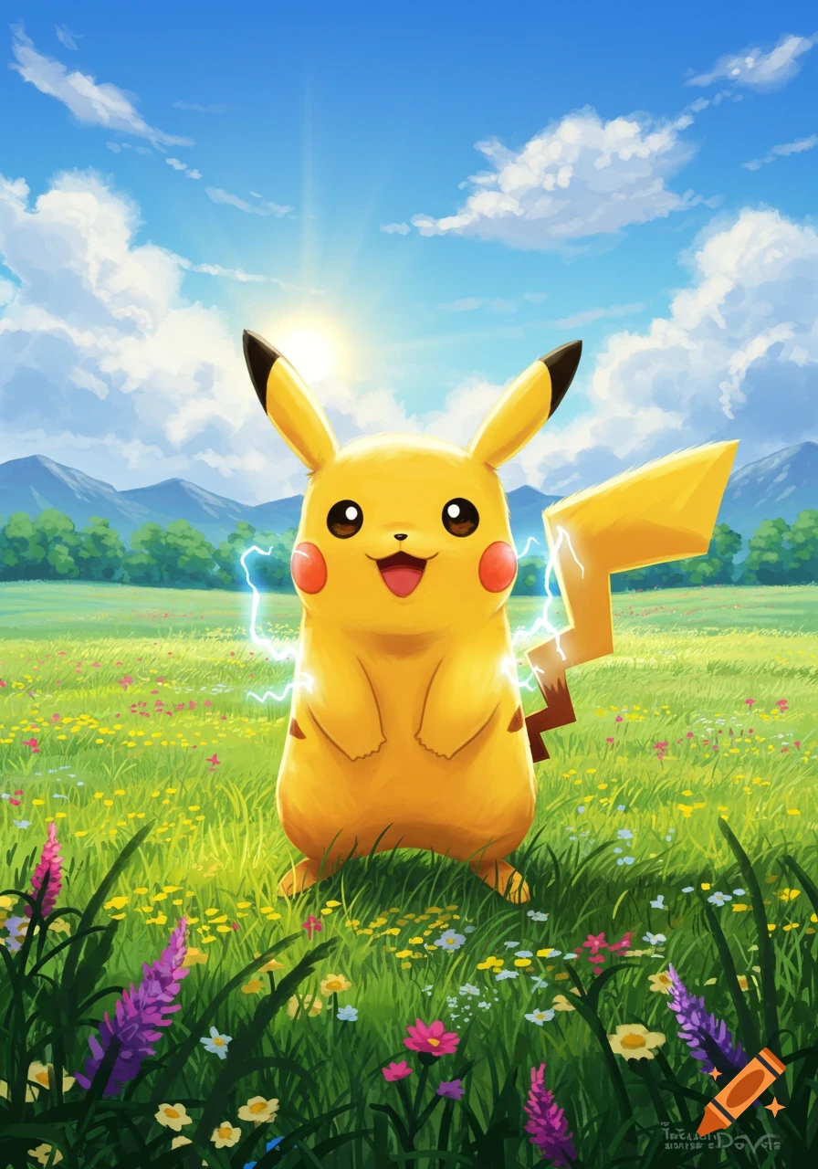 A cheerful Pikachu stands in a vibrant green field filled with colorful wildflowers, with bright lightning emanating from its cheeks under a sunny blue sky.