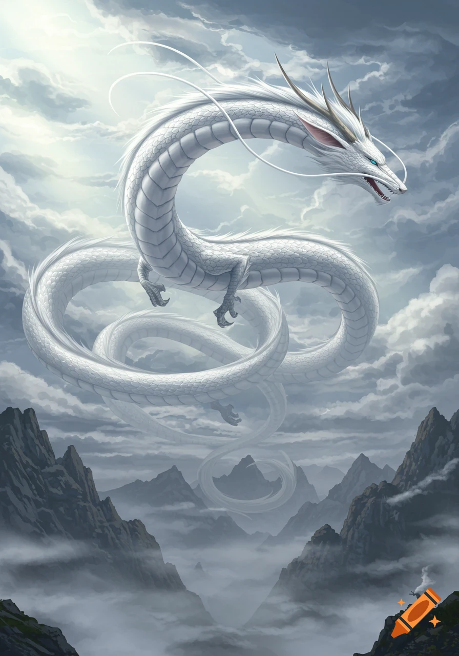 A long white dragon with blue eyes coils through an overcast sky above misty mountains, in a digital art style.