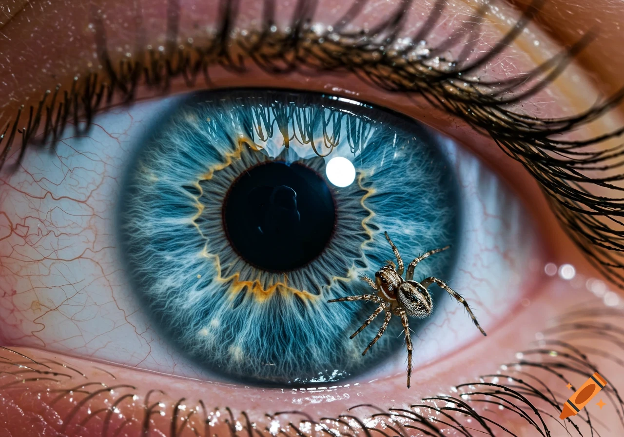 Photorealistic macro close-up of a small spider on a detailed human eye with a vibrant blue iris.