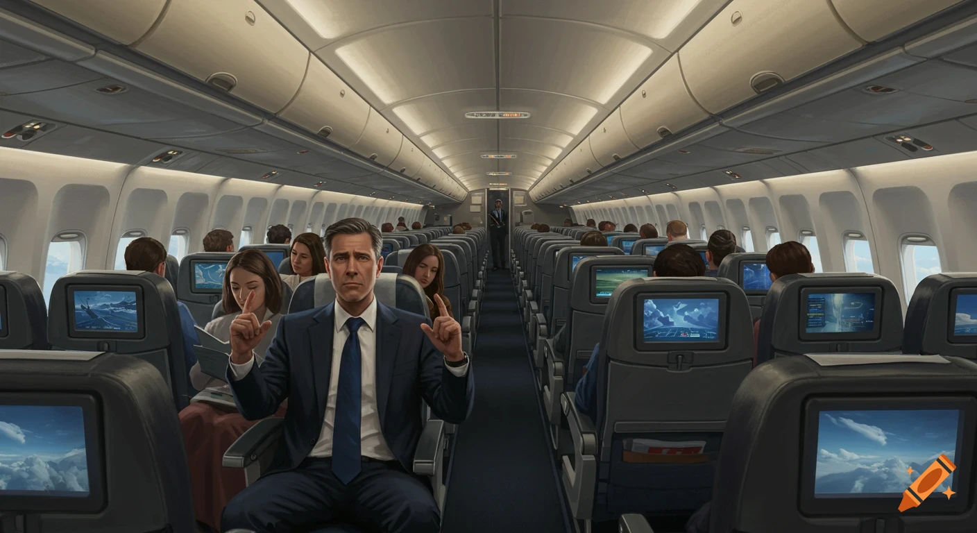 A man in a suit makes hand gestures in a photorealistic airplane cabin filled with passengers.