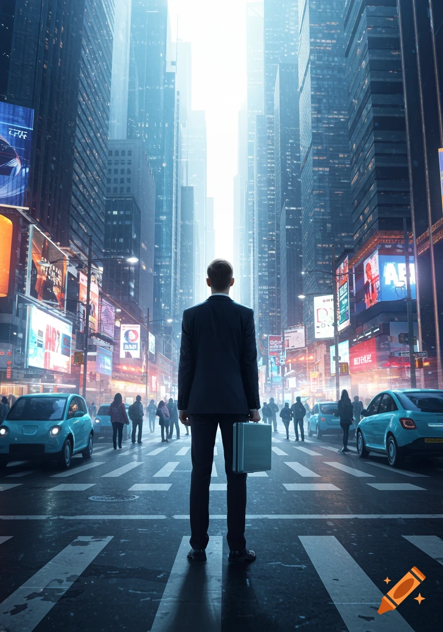 A businessman with a briefcase stands on a crosswalk in a bustling, modern city, looking towards a bright light between skyscrapers.