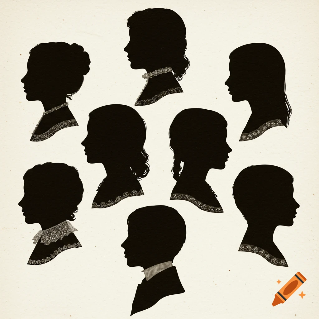 Eight Victorian profile silhouettes of heads and shoulders of people of varying ages, with intricate lace collars.
