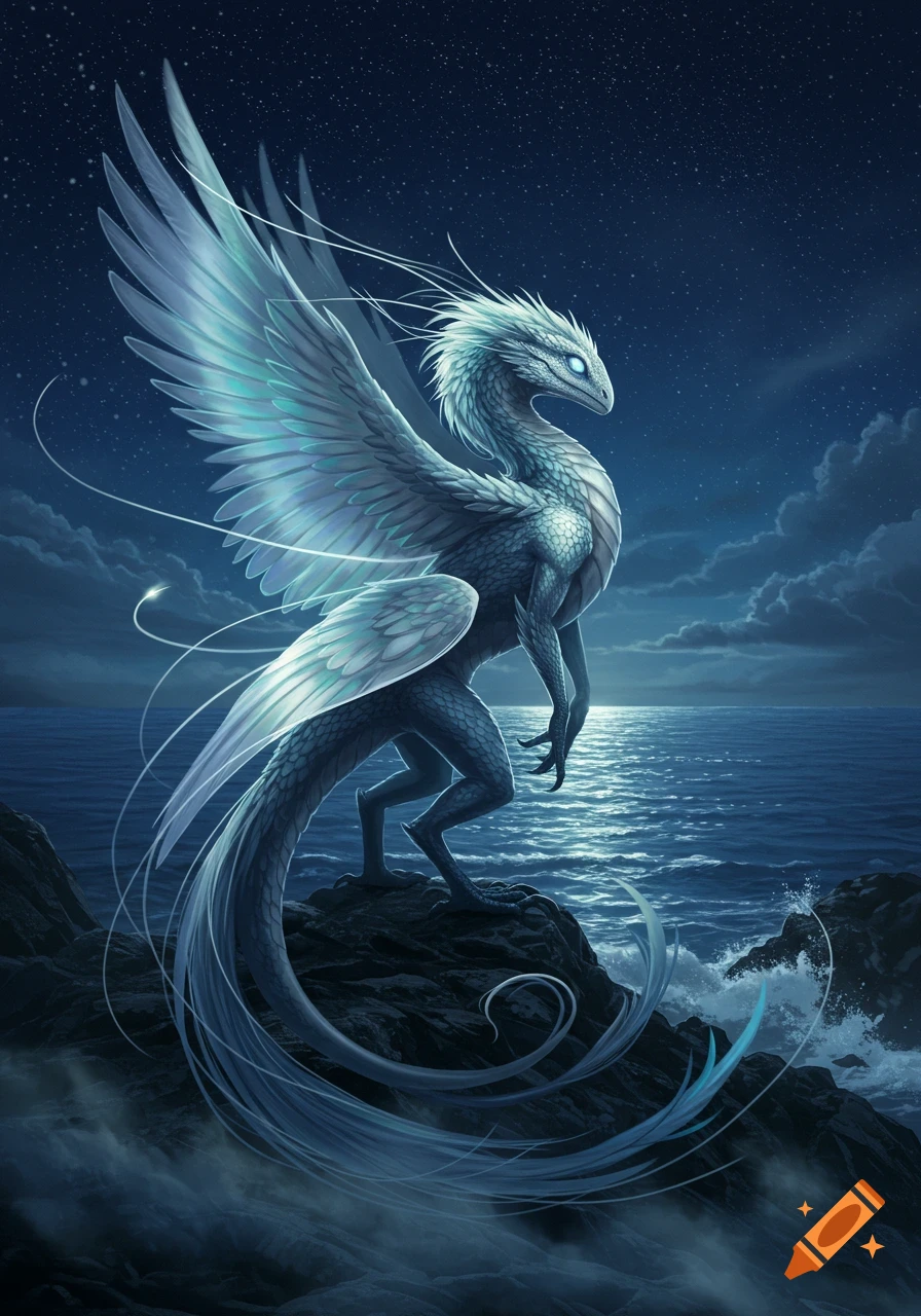 A majestic white-blue winged dragon stands on a moonlit rocky coast at night, gazing at the ocean.