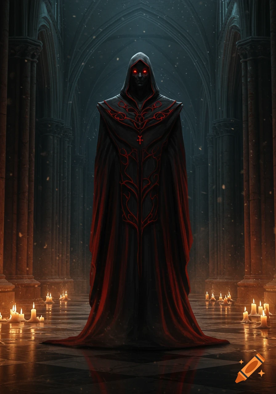 A dark hooded figure with glowing red eyes stands in a gothic hall filled with lit candles.