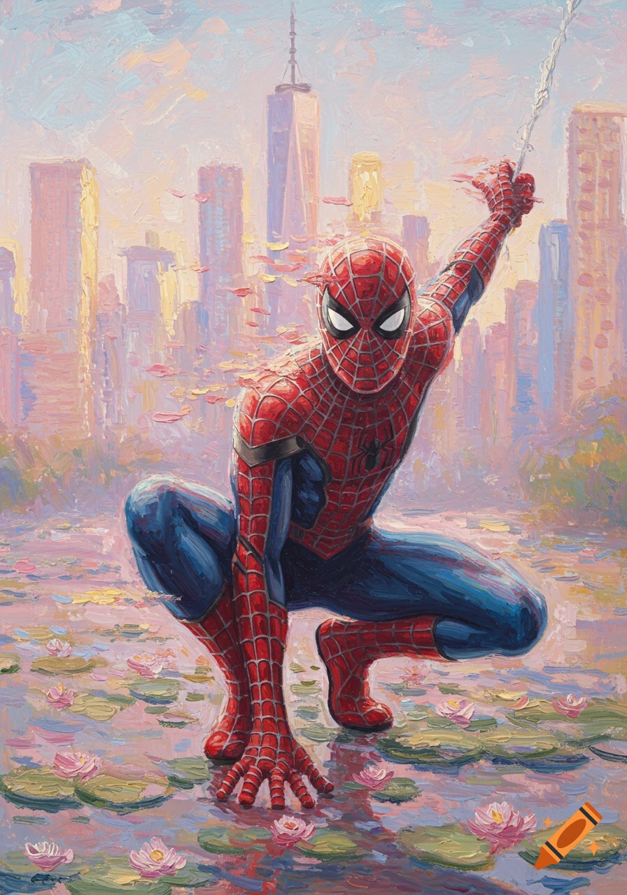 Spider-Man crouches on water amidst lilies, holding a web line, with a city skyline in the impressionistic painting.