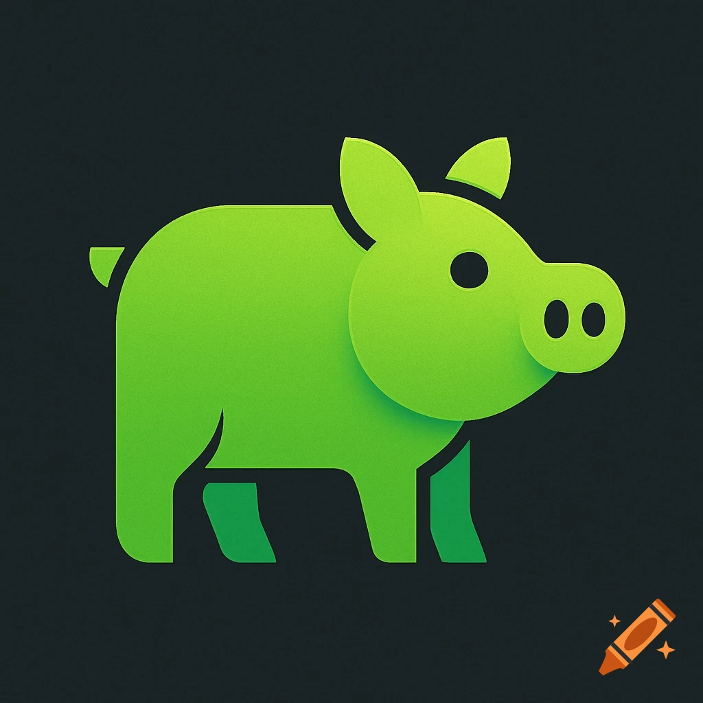 A stylized bright green pig logo with a layered papercut effect on a dark background.