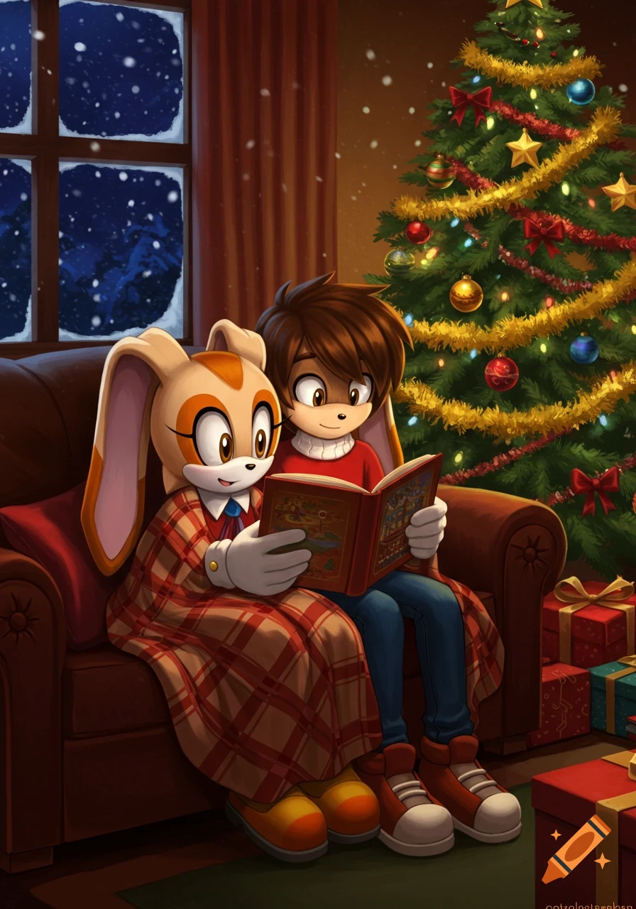 A cartoon rabbit and a boy, wrapped in a plaid blanket, read a story by a Christmas tree in a cozy room with snow outside the window.