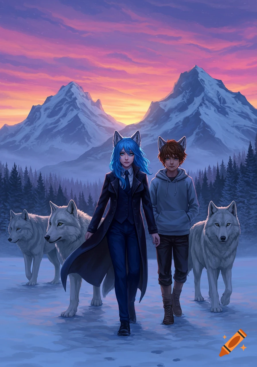 A blue-haired girl and a brown-haired boy with wolf ears walk through a snowy mountain landscape with three wolves at sunset, in an anime style.