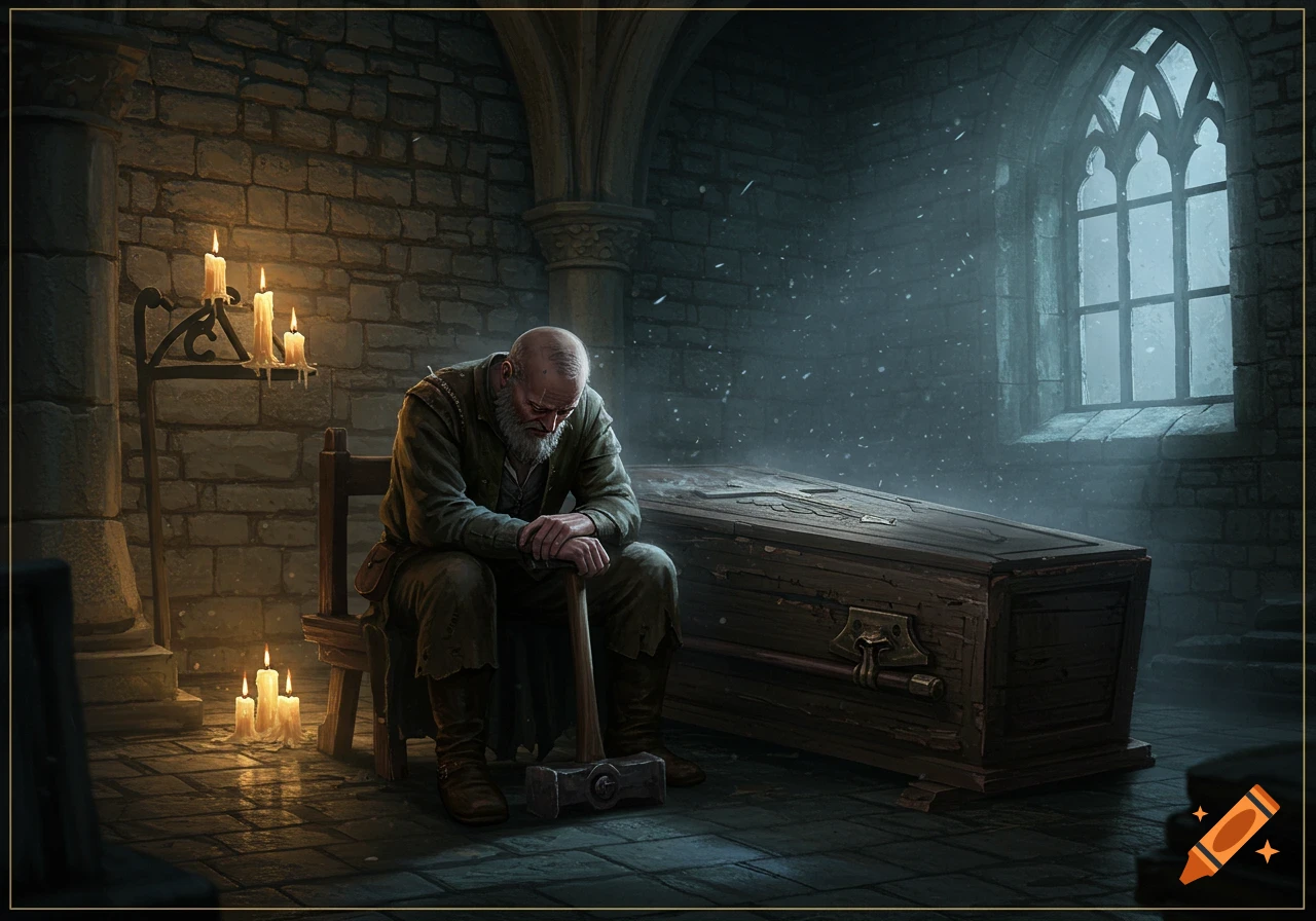 An old, bearded man sits with a hammer next to a wooden coffin in a dark, candlelit stone room with a gothic window, photorealistic.