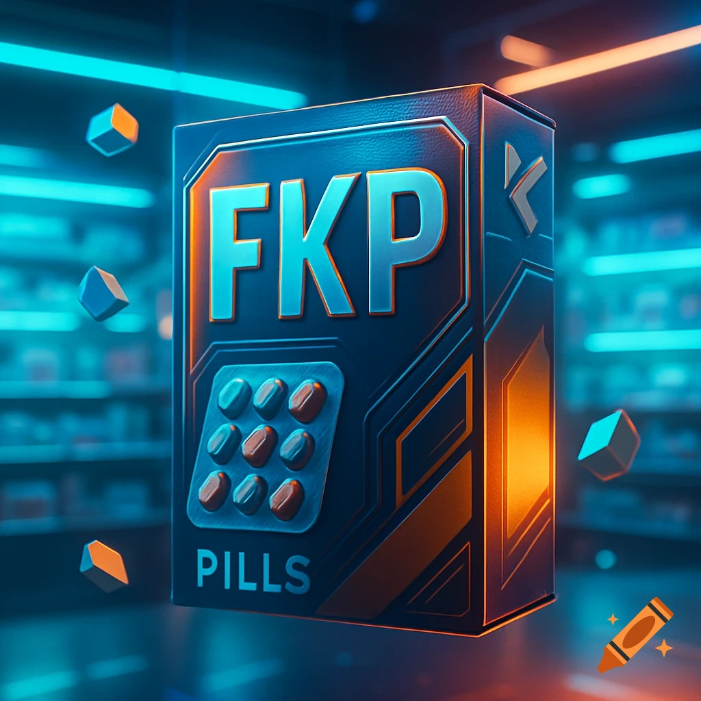 A futuristic-style box labeled "FKP PILLS" floats in a neon-lit store aisle, with geometric shapes.