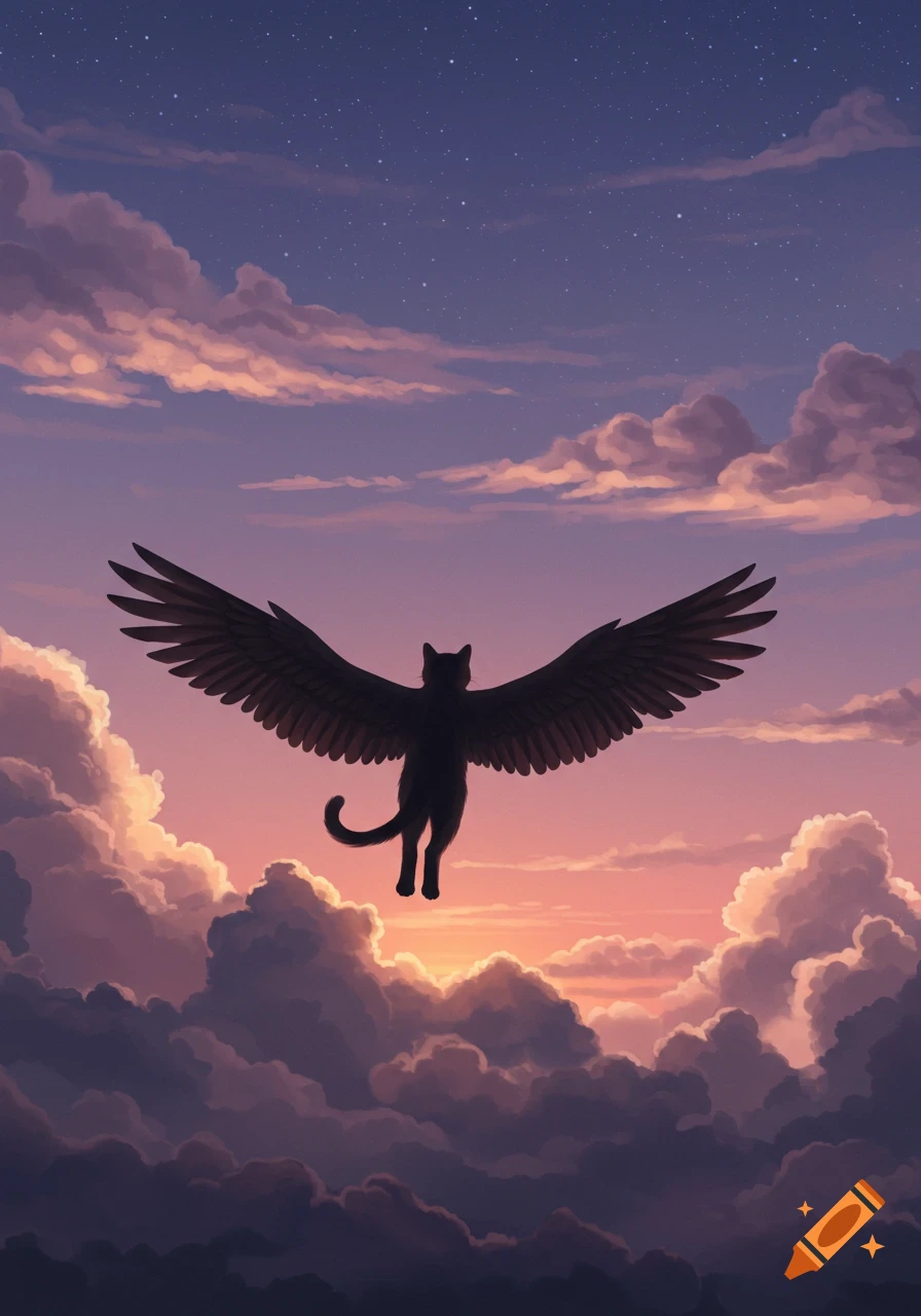 Black silhouette of a winged cat flying through a vibrant sunset sky filled with pink, orange, and purple clouds.