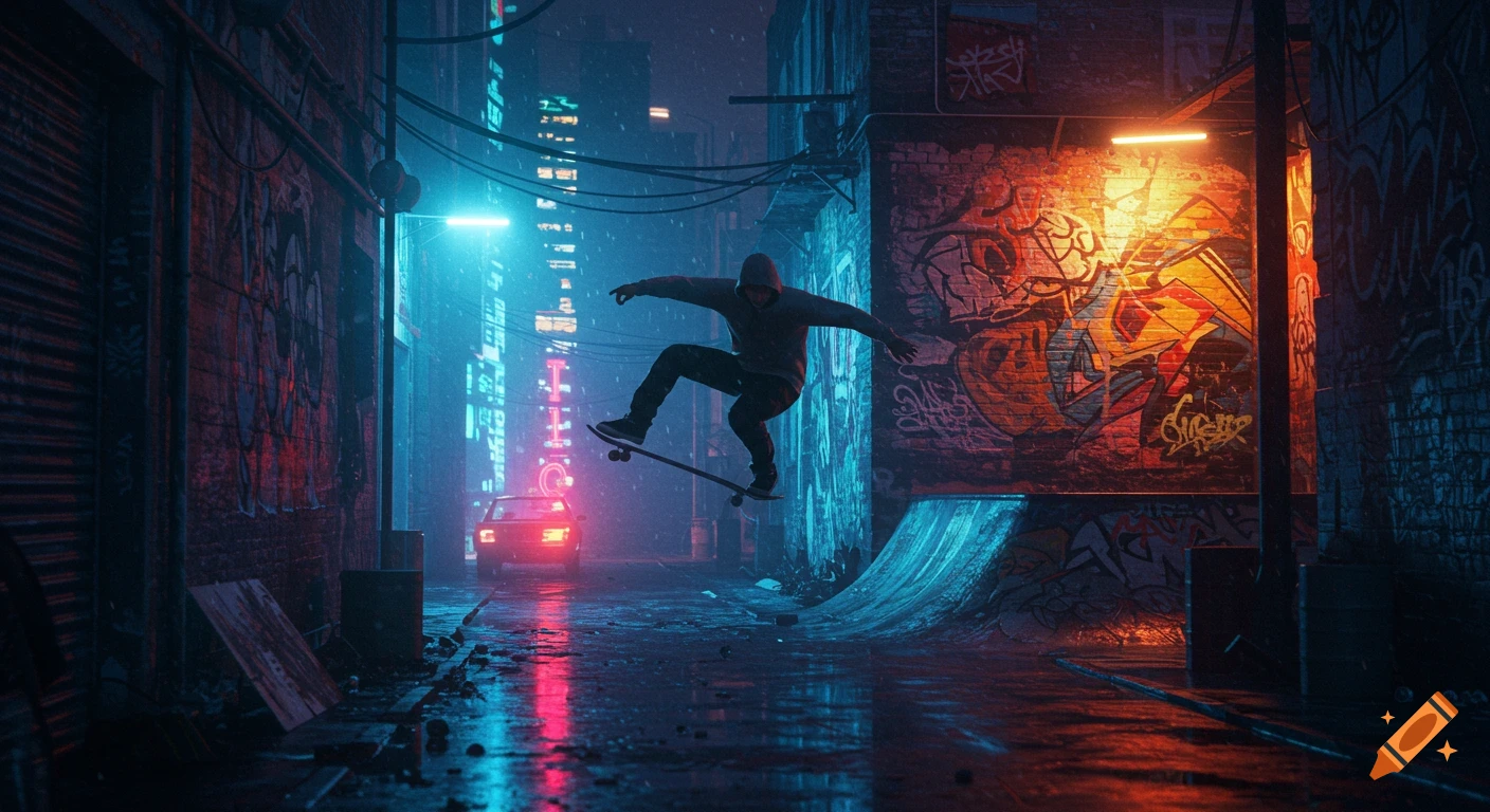 A skateboarder performs an ollie in a neon-lit, graffiti-covered cyberpunk  alley with wet streets reflecting lights. on Craiyon, image size:1408x768