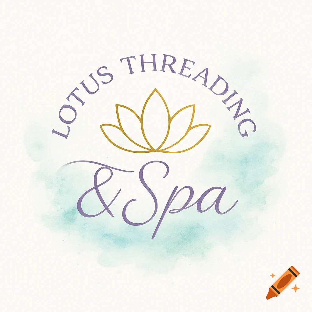 Lotus Threading & Spa logo with a gold lotus flower, purple text, and a light blue watercolor background.