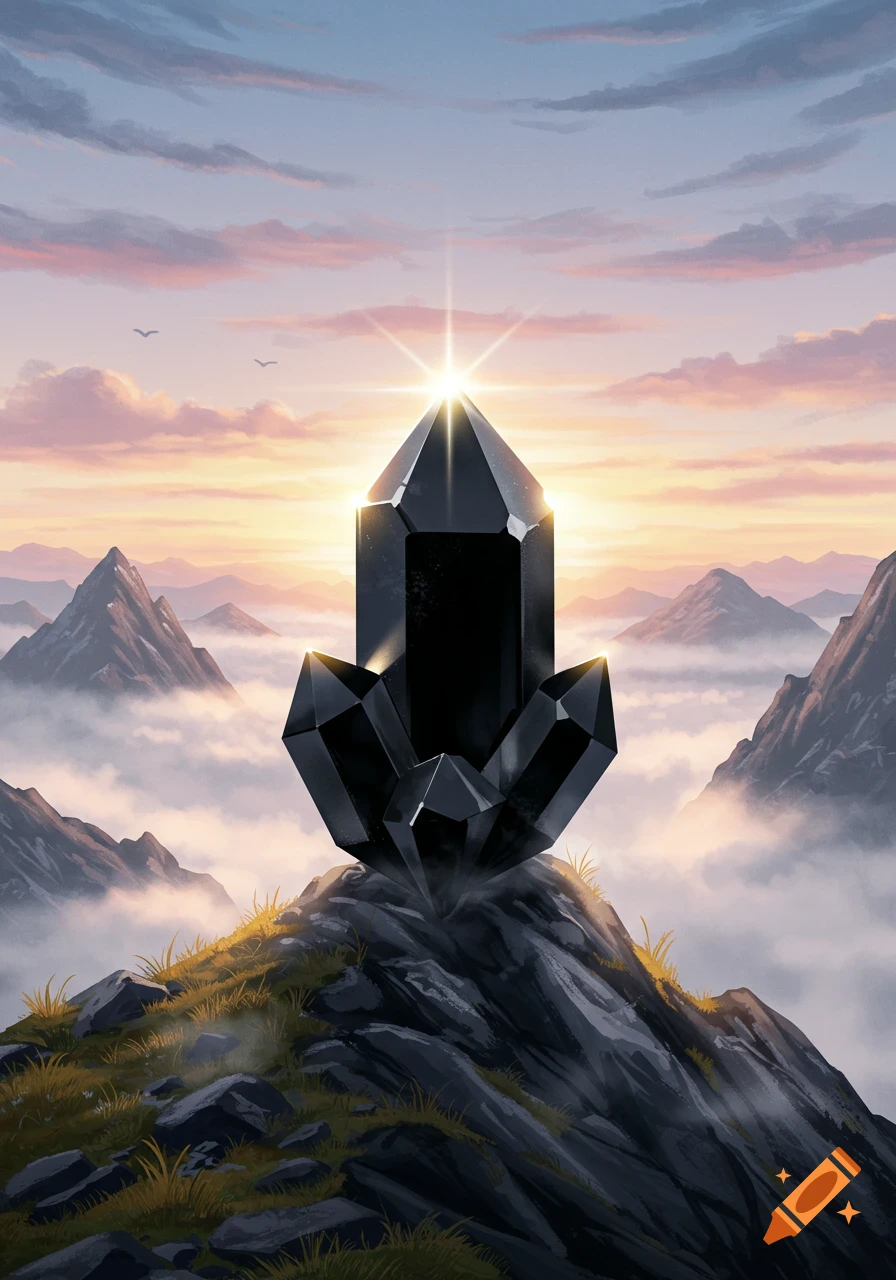 A glowing black crystal stands atop a rocky mountain peak, surrounded by clouds and distant mountains under a dramatic sunset sky.